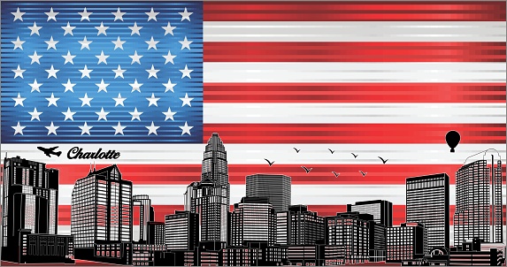 Charlotte city skyline with flag of USA on background - illustration, 
Shiny Grunge flag of the USA