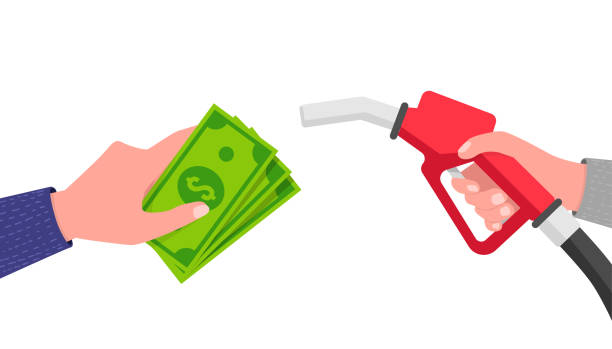 Payment for fuel, buying petrol concept. Fuel pump in hand man in exchange for money. Payment for fuel, buying petrol concept. Fuel pump in hand man in exchange for money. gas pump hand stock illustrations