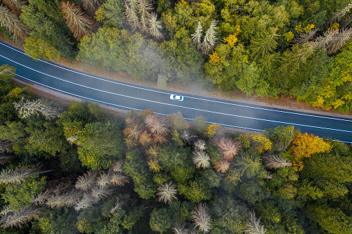 Aerial view of countryside road passing through the green forest and mountain