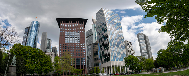 Frankfurt, Germany - April, 21. 2022: futuristic skyline of the financial district in Frankfurt in Germany