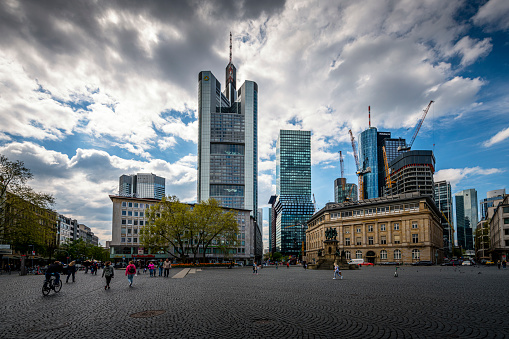 Frankfurt, Germany - April, 21. 2022: futuristic skyline of the financial district in Frankfurt in Germany