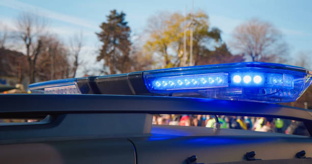 istock Active emergency lights Romania military police car. 1401119054