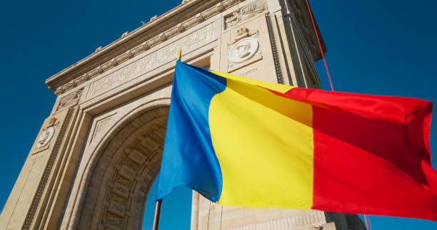 istock The flag fluttered nearby Arc de Triomphe Bucharest. 1401119135