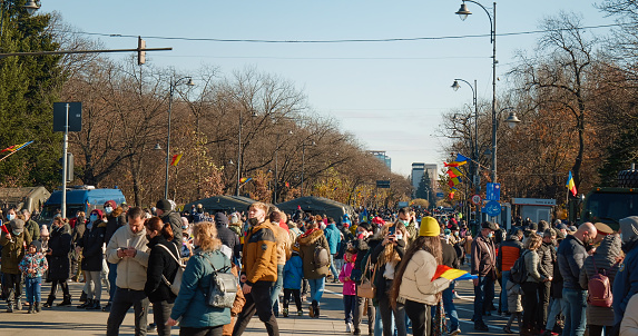 Bucharest, Romania - 1 December, 2021: Romania National Day, the Great Union day. Many people come to see the holiday parade.