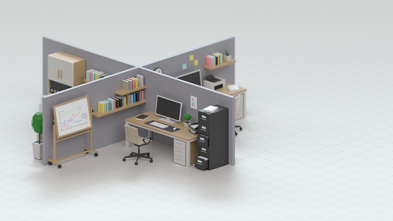 3D illustration of workplaces with partitions in the office. Isolated places in the office. Lot of workplaces with partitions, personal space.  3D graphics