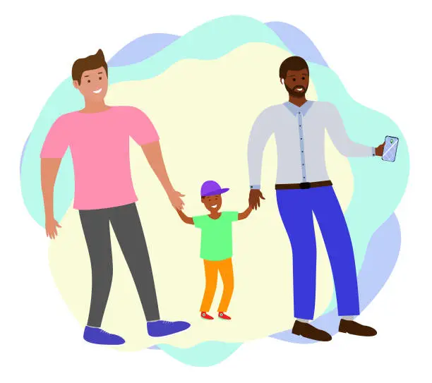 Vector illustration of Gay couple with child. Mixed race gay family, Generation Z