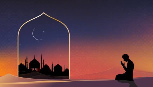 illustrations, cliparts, dessins animés et icônes de eid al adha arrière-plan avec silhouette dome mosquées, homme musulman priant au coucher du soleil, carte islamique vator, nuit du ramadhan avec croissant de lune, ciel orange, religion islamique, aïd moubarak, aïd al fitr, ramadan kareem - pèlerinage