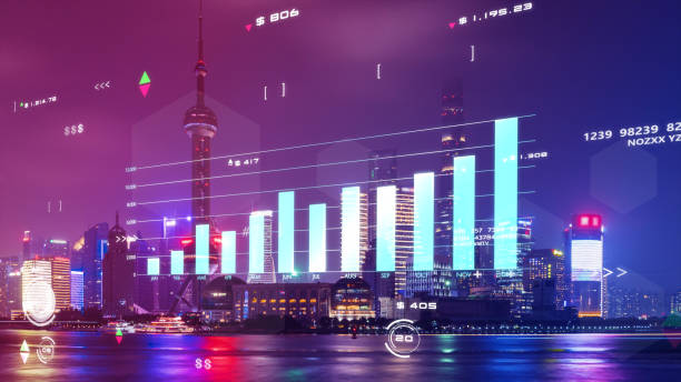 istock Stock exchange market blockchain, digital money, crypto currency GDP data analytics graph chart, finance business investment data with business district city building background 1401124027