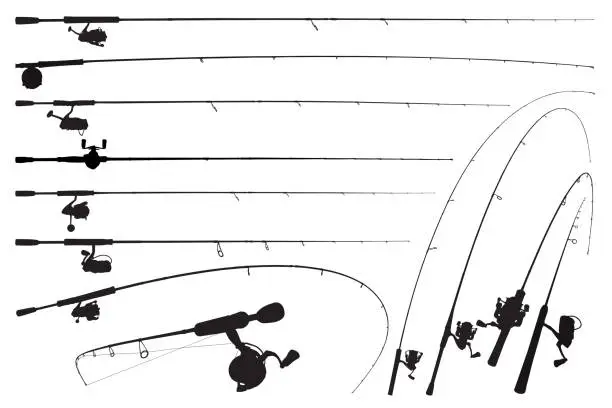 Vector illustration of Fishing rod vector silhouette. Spinning rods illustration