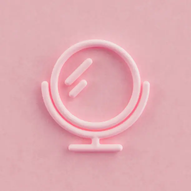 Single color beauty icon, pink color makeup mirror 3D icon in pink background, 3d rendering, outline icon