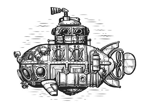 Vintage submarine in sea drawn in engraving style. Hand drawn retro deep-sea bathyscaphe sketch. Vector illustration