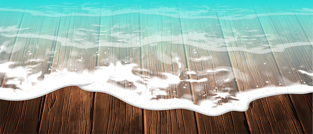 Summer background. A transparent wave with foam floats on a wooden flooring. 3D vector. High detailed realistic illustration.