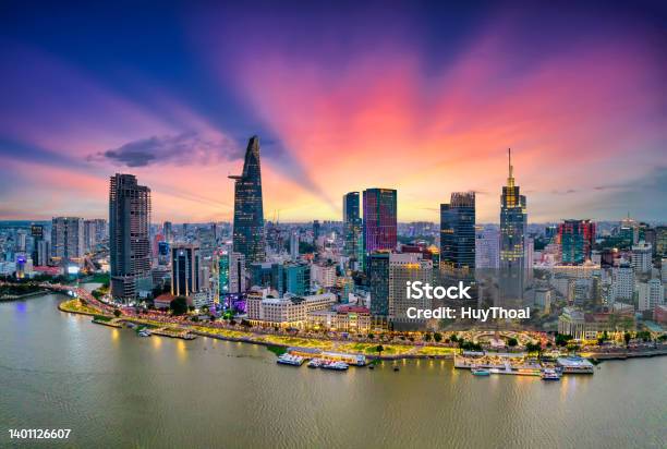 Aerial View Of Beautiful Skyscrapers Along The River At Sunset Sky Stock Photo - Download Image Now