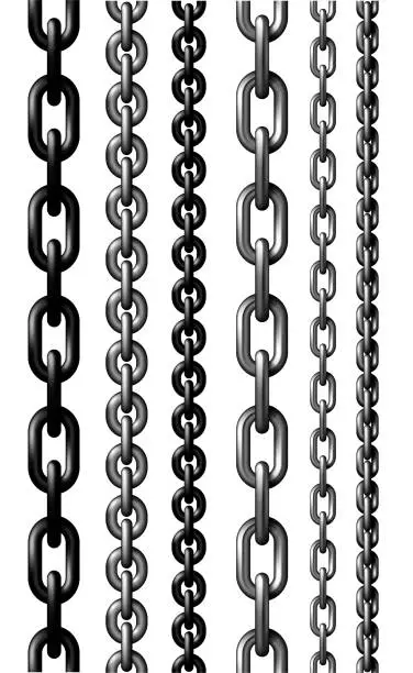 Vector illustration of Six metal chains with links of different shapes and sizes. Highly realistic illustration.