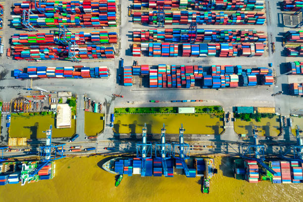Aerial view of Cat Lai port with cargo ship and container Ho chi Minh city, Vietnam stock photo