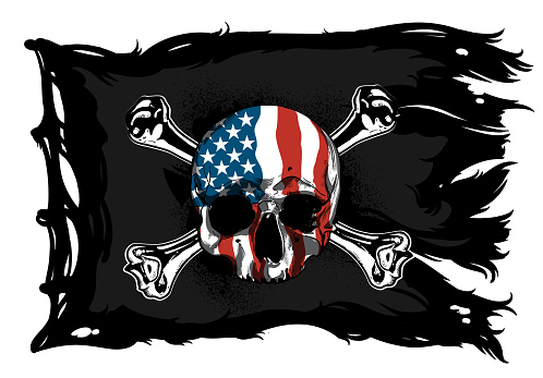Skull and crossbones on a black shabby flag in retro style. American flag elements. Highly realistic illustration.