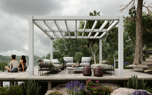 Digitally generated cozy and small outdoor terrace (patio) with high quality outdoor furniture, at the edge of the lake.\n\nThe scene was created in Autodesk® 3ds Max 2022 with V-Ray 5 and rendered with photorealistic shaders and lighting in Chaos® Vantage with some post-production added.