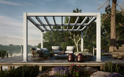 Digitally generated cozy and small outdoor terrace (patio) with high quality outdoor furniture, at the edge of the lake.\n\nThe scene was created in Autodesk® 3ds Max 2022 with V-Ray 5 and rendered with photorealistic shaders and lighting in Chaos® Vantage with some post-production added.