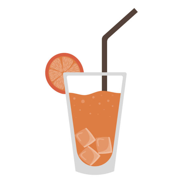 ilustrações, clipart, desenhos animados e ícones de coquetel de laranja com gelo em um copo transparente com uma palha guarnecido com uma fatia de laranja - orange portion fruit drink