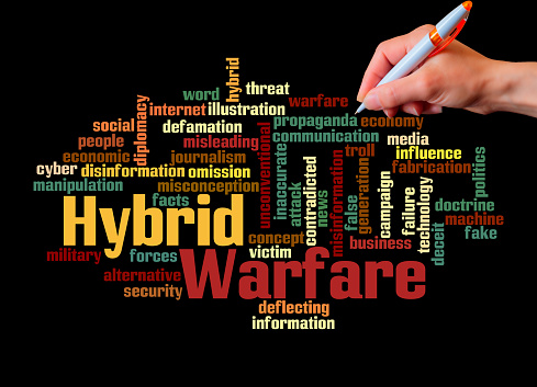 HYBRID WARFARE concept, isolated on a black background.