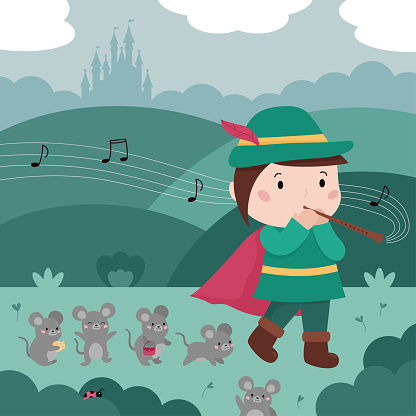 Cute cartoon characters. Kawaii mice. The boy playing flute. Background with castle. Vector illustration for book.