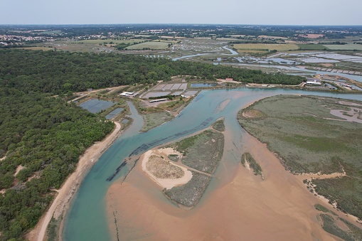 Aerial view of the Guittière estuary and its oyster port in the Vendée, France