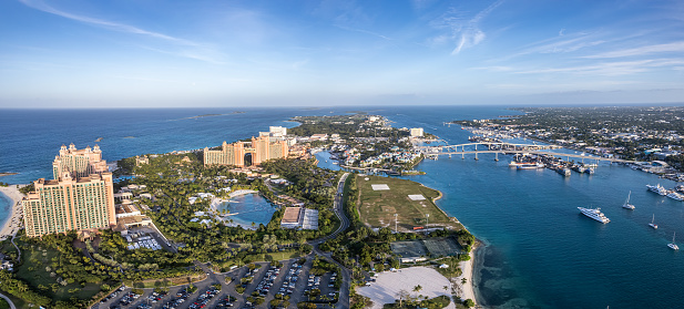 The drone aerial panoramic view of Paradise Island and Nassau port, Bahamas.