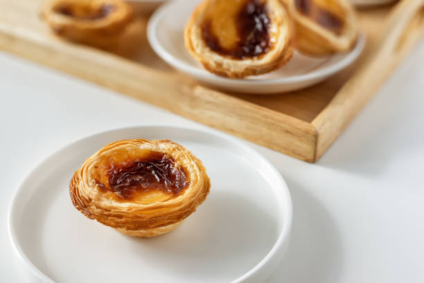 Pastel de nata served for breakfast Pastel de nata served on white round plate for breakfast, Portuguese traditional dessert, homemade tart with custard ready to eat pasteis de belem stock pictures, royalty-free photos & images