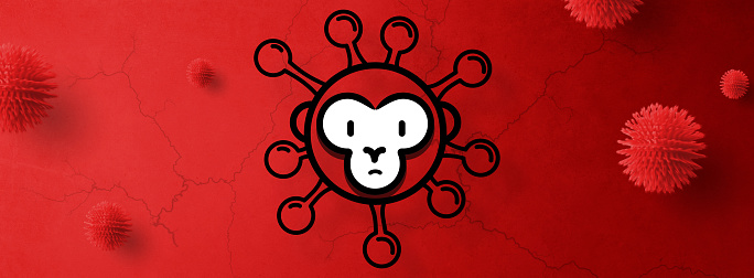 A monkeypox infection pandemic wide banner. Virus design with cells on red background.