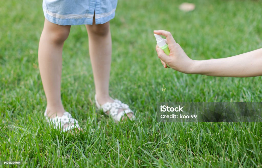 Mother sprays mosquito repellent for daughter Mosquito Stock Photo