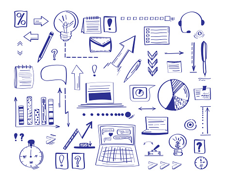 Set of elements for startup design and business strategy concept. Linear doodle vector icons collection in pen drawn style.