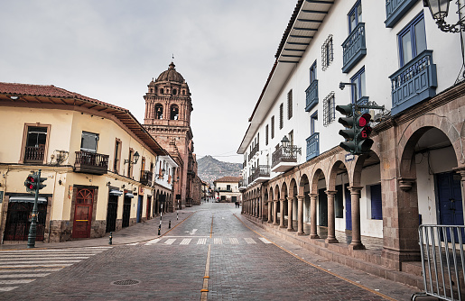 Cityscape. Cobblestone road in the city center. Cusco, Peru.