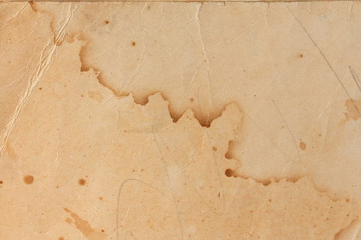 The surface of a yellowed sheet of paper with traces of water. Vintage old brown paper