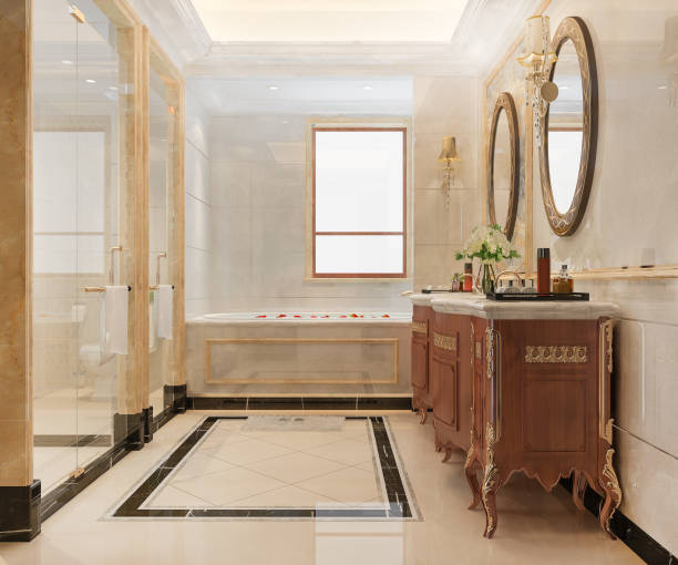 istock 3d rendering modern wood and stone white bathroom 1401147961