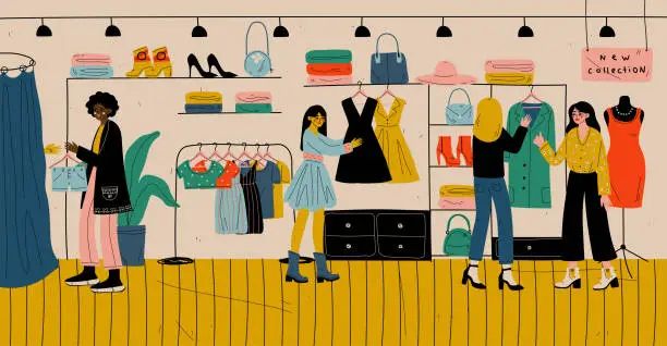 Vector illustration of People shopping in retail store, clothes shop, fashion boutique