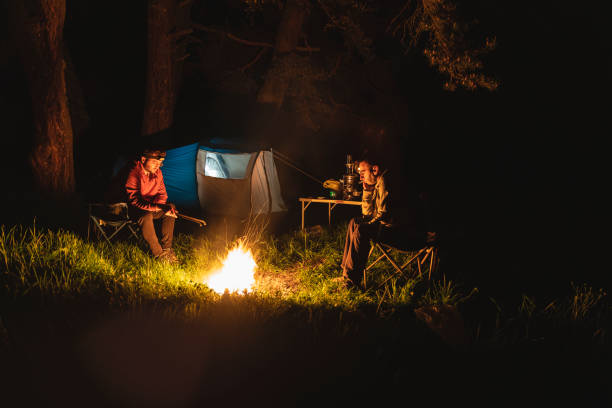 istock Image of two friends camping in the forest at dusk 1401149921