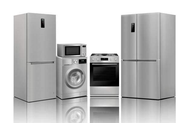 istock A set of household appliances: microwave oven, washing machine, refrigerator, vacuum cleaner, iron, stove, fan, air conditioner,TV, dishwasher, kettle. Realistic 3D vector, isolated 1401150076