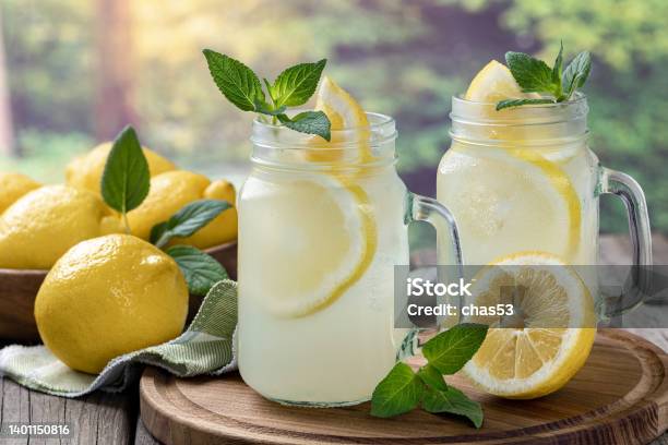Two Glasses Of Lemonade With Mint And Lemons Stock Photo - Download Image Now - Lemonade, Homemade, Lemon - Fruit