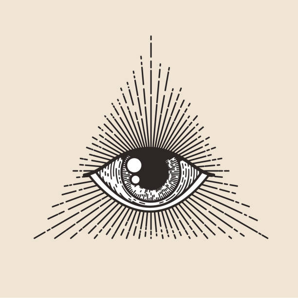 istock All seeing eye emblem or logo or badge design template with vintage engraving eye in triangle sunburst isolated on light background. Vector illustration 1401153769