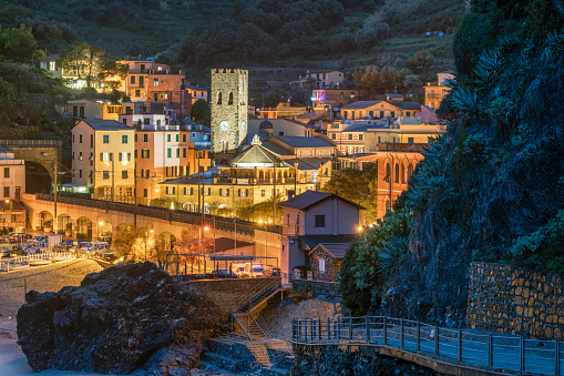 Monterosso, Italy in the Cinque Terre region at dusk on the Mediterranean Sea.