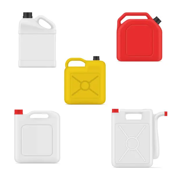 Vector illustration of Collection canisters realistic vector containers handles cap for liquid products storage carrying