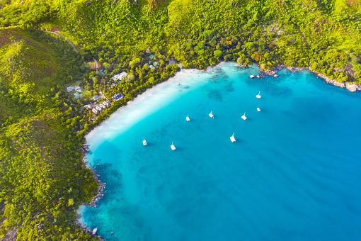 Aerial view of Anse Lazio beach, Praslin, Seychelles. High quality photo