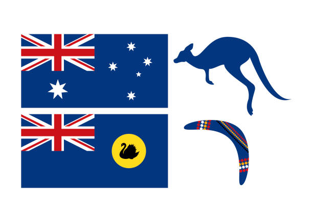 Australia flag, kangaroo, boomerang color icon set vector Flag of Australia and Western Australia flag vector. Australian design elements isolated on a white background western australia flag stock illustrations