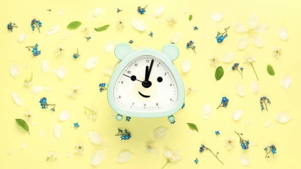 istock Summer flat composition with flowers and alarm clock 1401157285