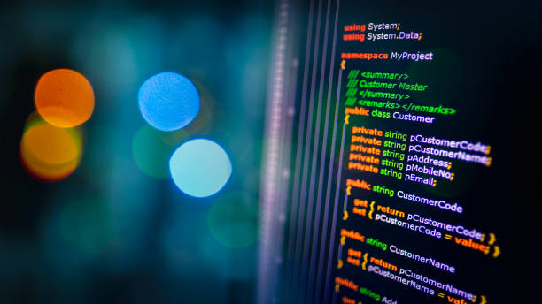 C sharp programming language source code example on monitor and bokeh background., C# source code. C sharp programming language source code example on monitor and bokeh background., C# source code. code stock pictures, royalty-free photos & images