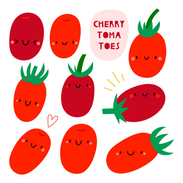 Super cute set - different hand drawn Cherry Tomatoes Seasonal Cherry Tomato vegetable character with smiley face. Funny food illustration tomato face stock illustrations