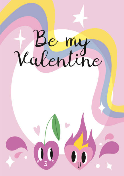 be my valentine, card template with funny comic cute characters and doodles: cherry and heart in love, cartoon style. trendy modern vector illustration, hand drawn - cherry valentine 幅插畫檔、美工圖案、卡通及圖標