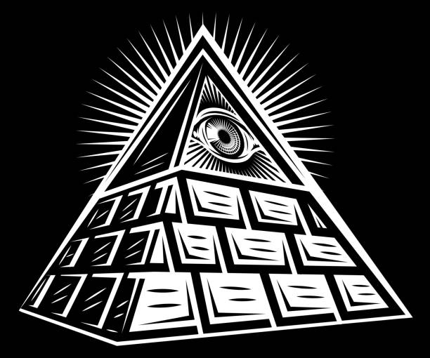 ilustrações, clipart, desenhos animados e ícones de pirâmide de tijolos estilizado de maçons com um olho que tudo vê. ilustração monocromática vetorial. fundo preto - eye of providence