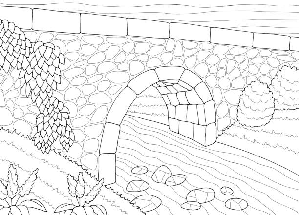 illustrations, cliparts, dessins animés et icônes de pont coloriage graphique rivière noir blanc paysage esquisse dessin vecteur - bridge stone bridge vector arch bridge