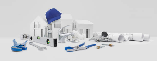 istock plumbing service, components and plumber work tools on desk with model house, pipe wrench, faucet and blue hat, plumbing shop, technical assistance, supply and installation, heating and piping systems 1401160485